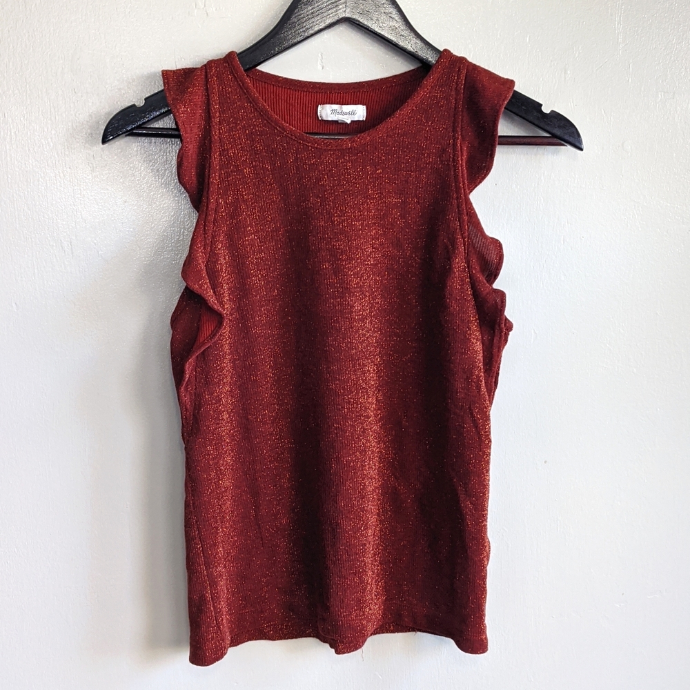 Madewell Stretchy Butterfly Sleeve Metallic Ribbed Red Orange Rust Color…